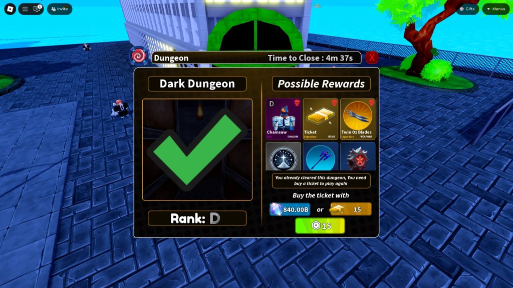 Preview of the Dungeon menu with the repeat dungeon function highlighted on it in Arise Crossover Roblox experience