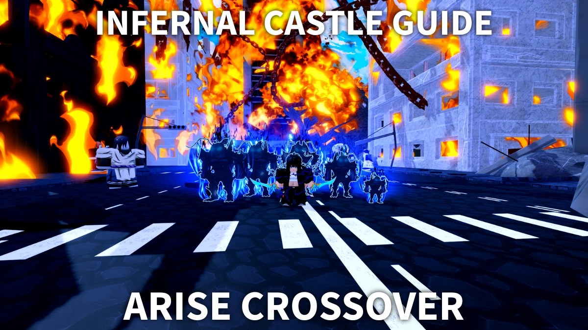 A player posing in the Infernal Castle in Arise Crossover Roblox experience