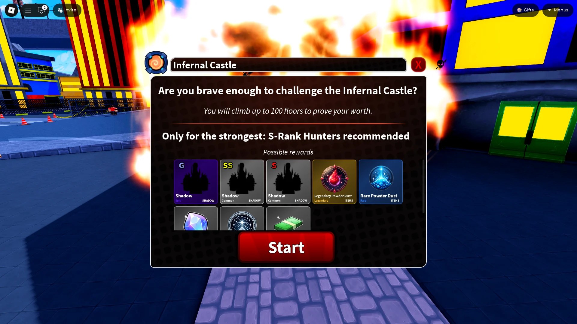 Preview of the rewards a player can get from the Infernal Castle event in Arise Crossover