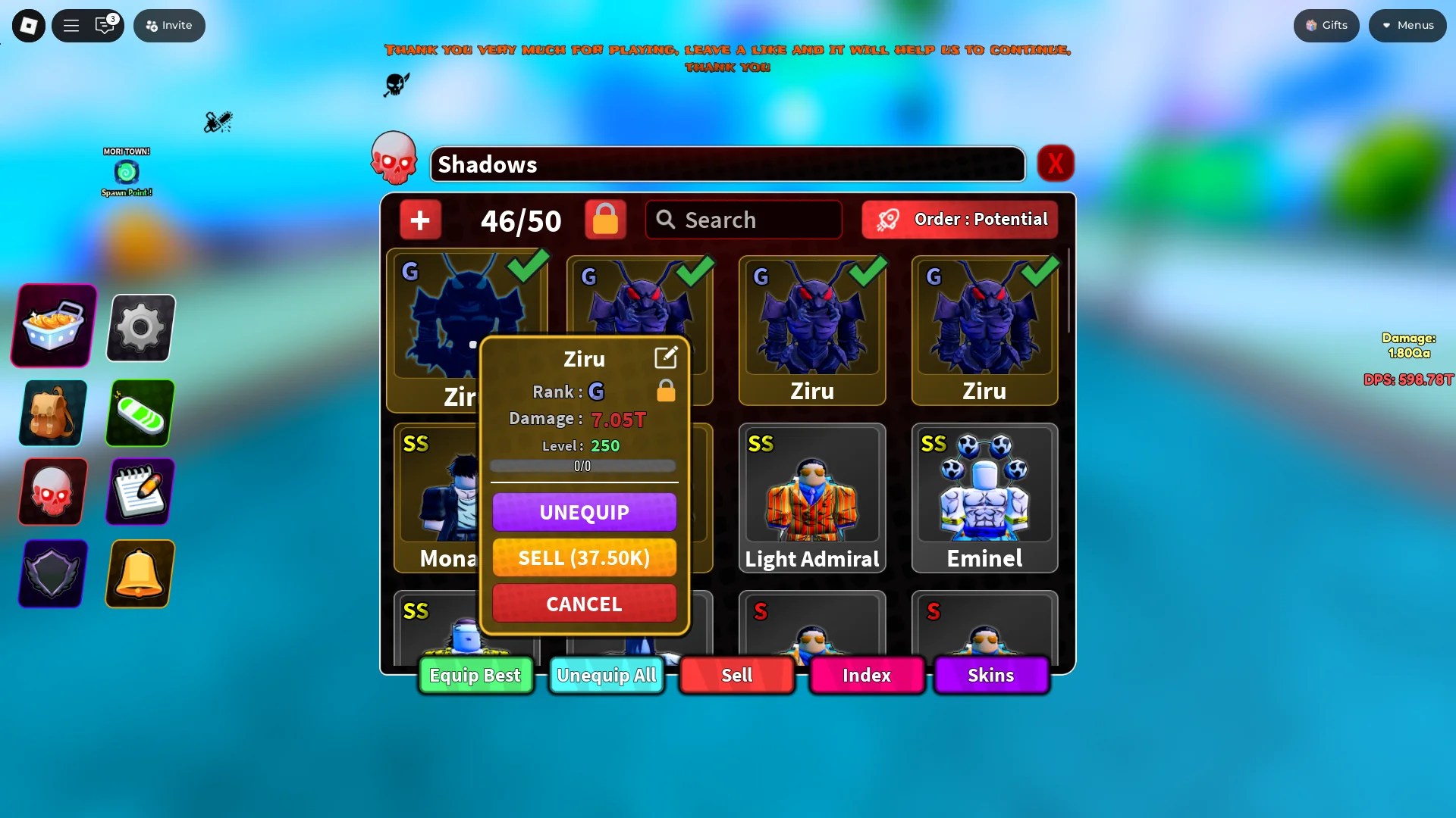 Preview of the Shadows menu with the stat block of a level 250 Ziru G Shadow highlighted on it in Arise Crossover Roblox experience