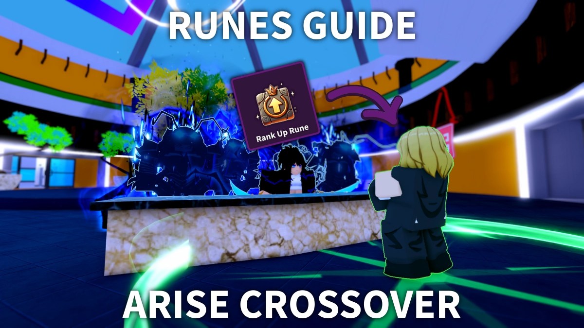 A player standing next to the Rune Shop NPC in the Arise Crossover Roblox experience