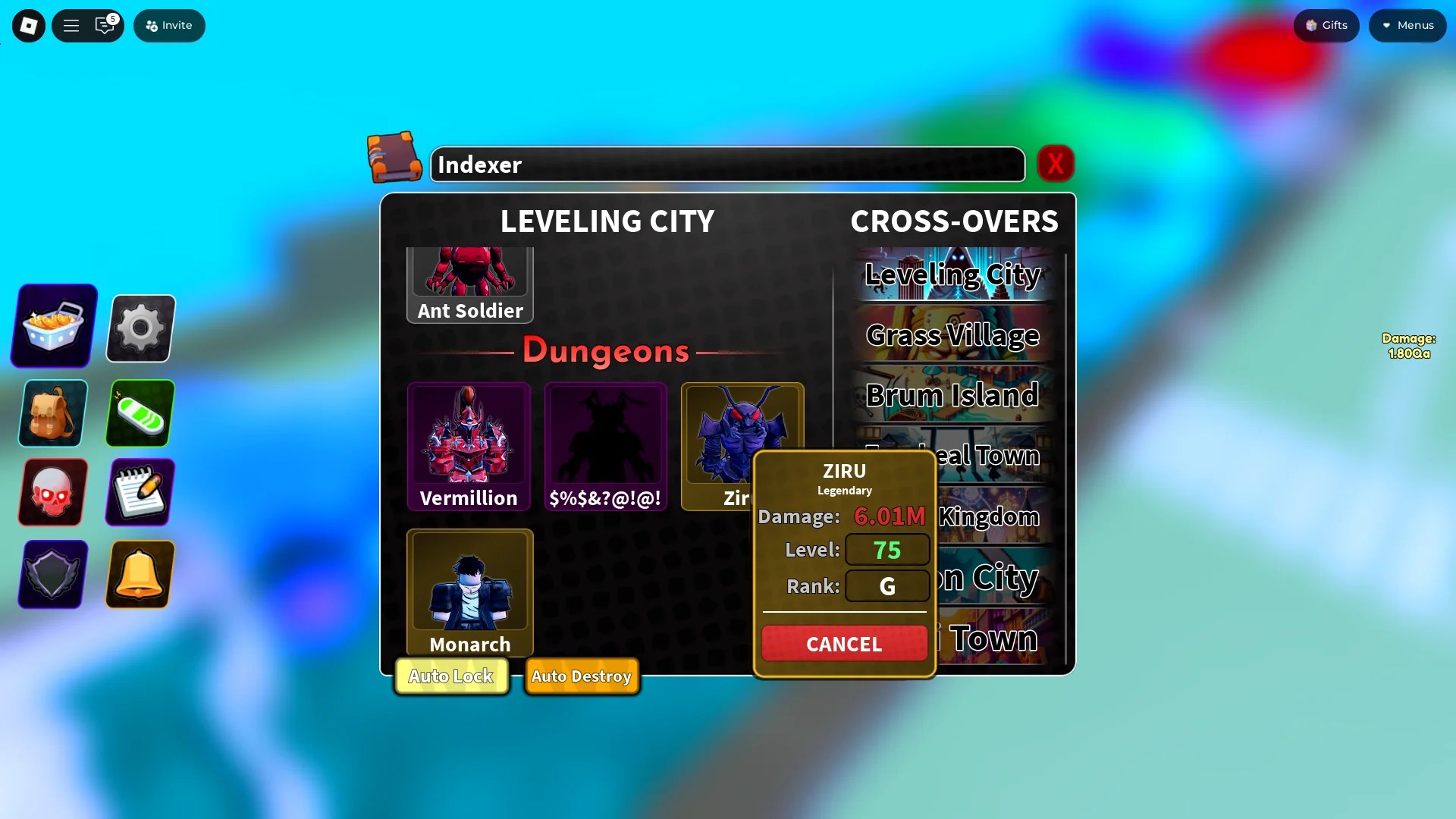 Preview of the Shadows Index menu in the Arise Crossover Roblox experience that lets you check the potential damage of a Shadow at certain ranks and levels