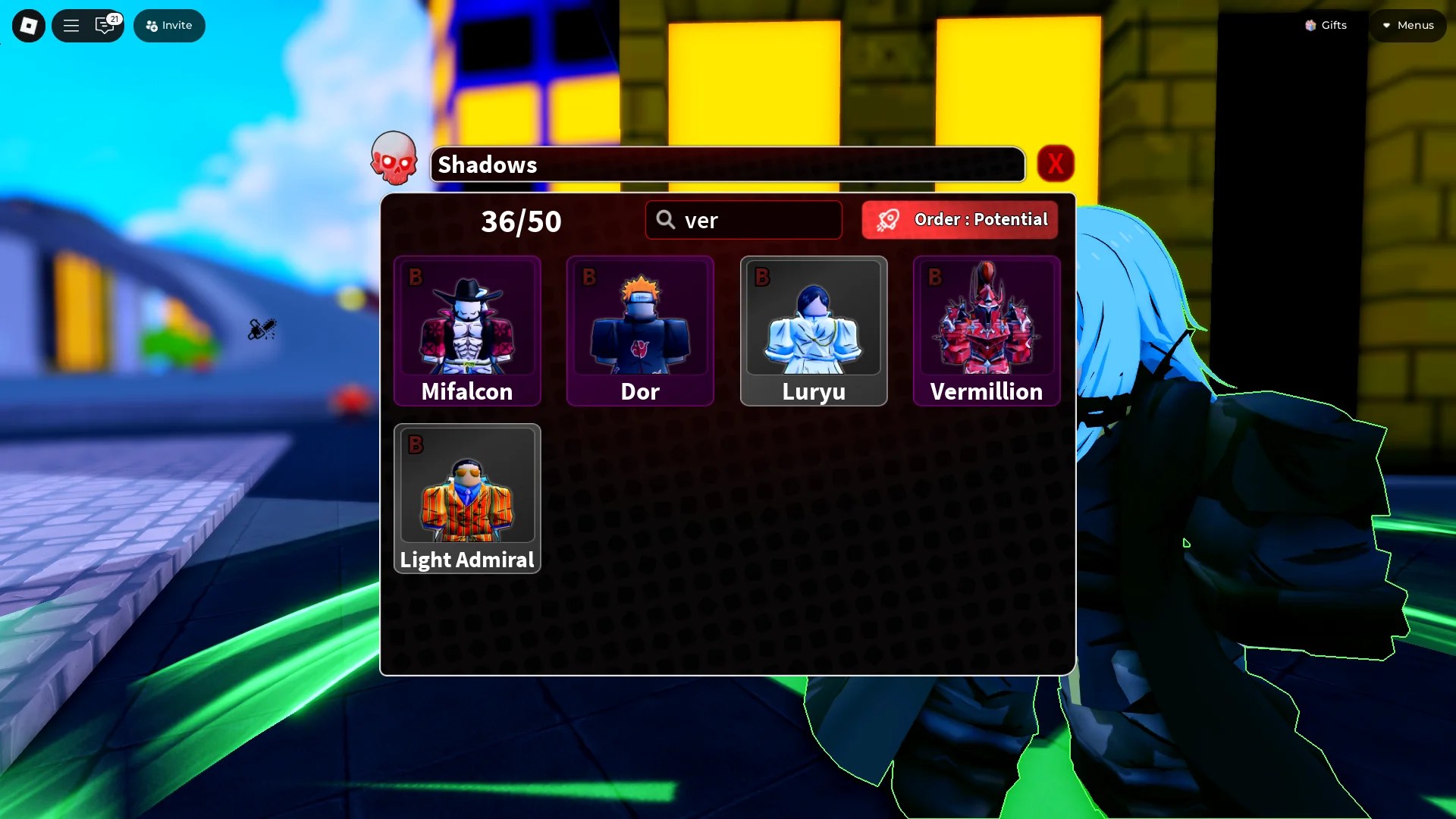 Preview of the Shadows upgrade menu in Arise Crossover Roblox experience