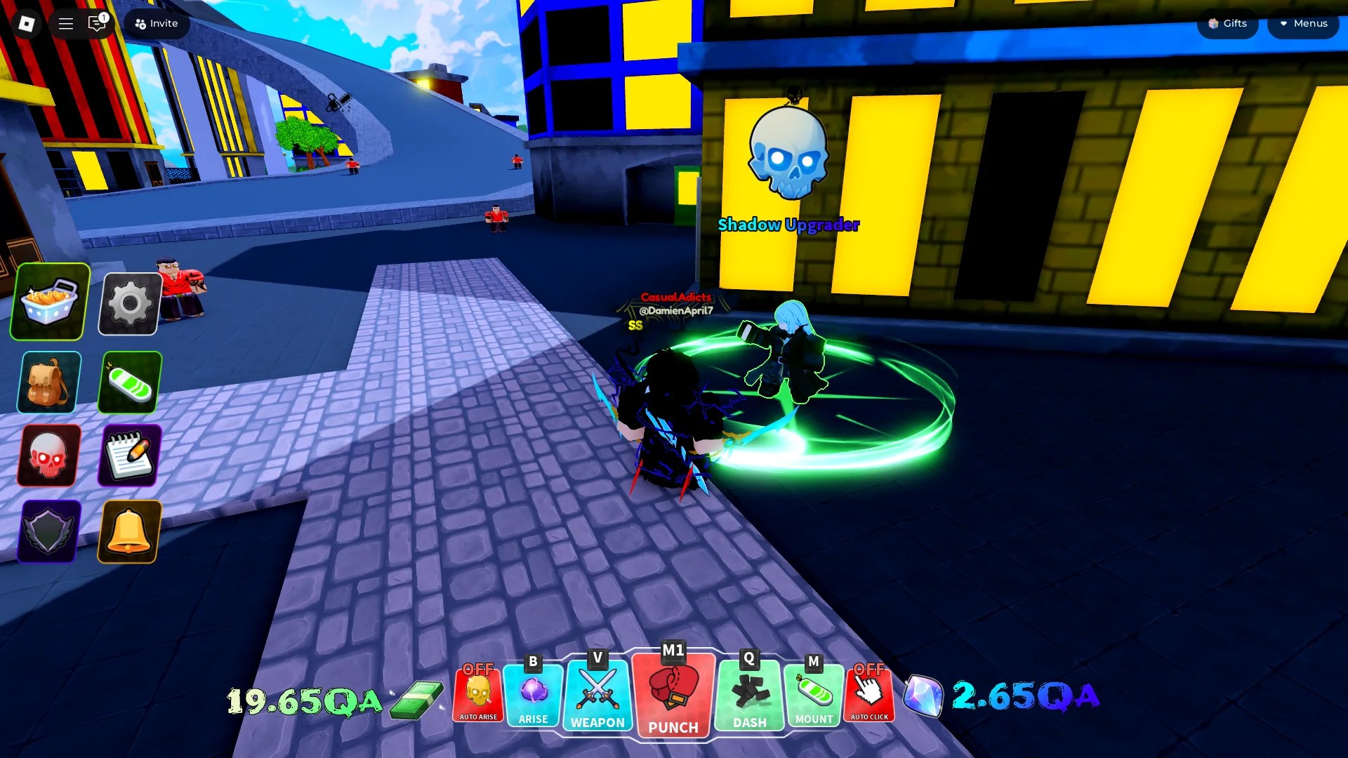 Location of the Shadows Upgrader NPC in the spawn area of Solo City in the Arise Crossover Roblox experience