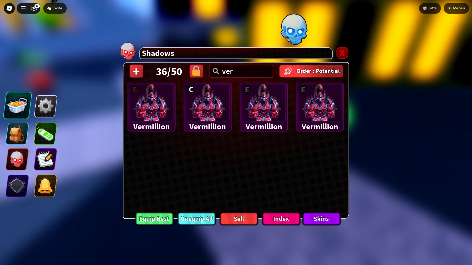 Preview of the Shadows menu in Arise Crossover Roblox experience