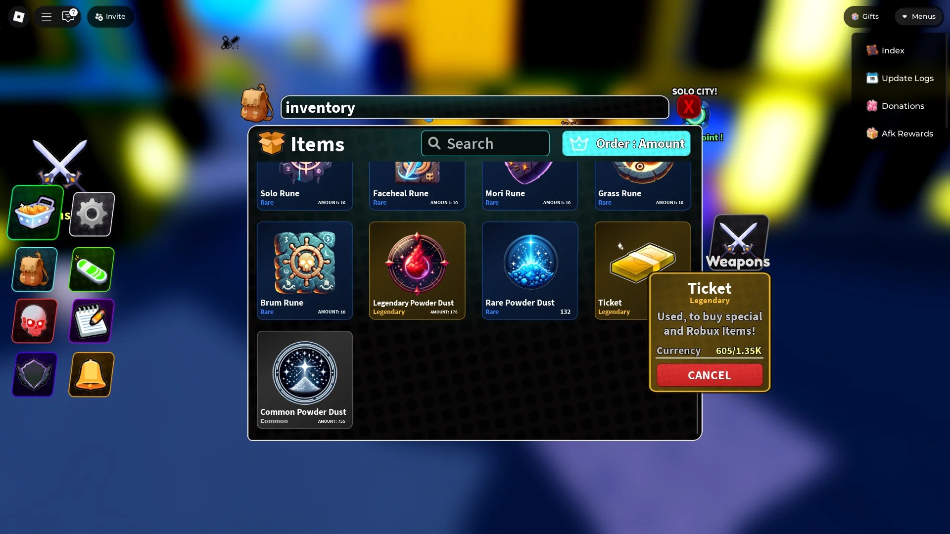 Tickets in a player's inventory in Arise Crossover Roblox experience
