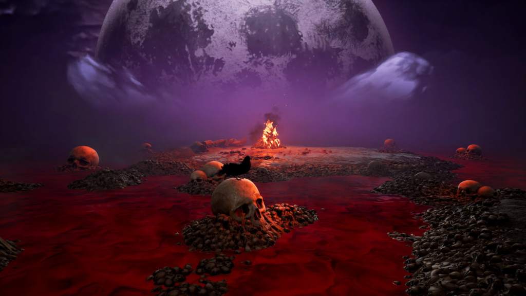 Skulls and fire on the ground underneath a full moon in Dead by Daylight. 