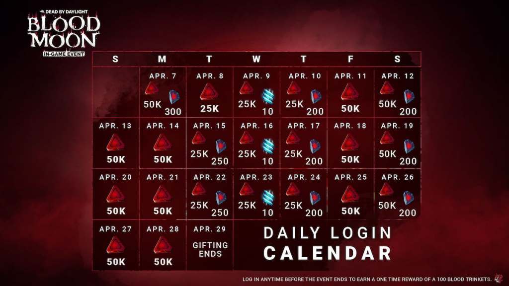 A Bloodprint calendar for the Blood Moon event in Dead by Daylight