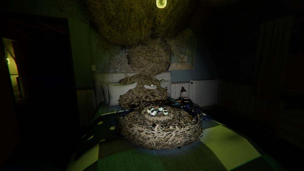 Forest Minion nest on blue bed at 13 Willow Street in Phasmophobia
