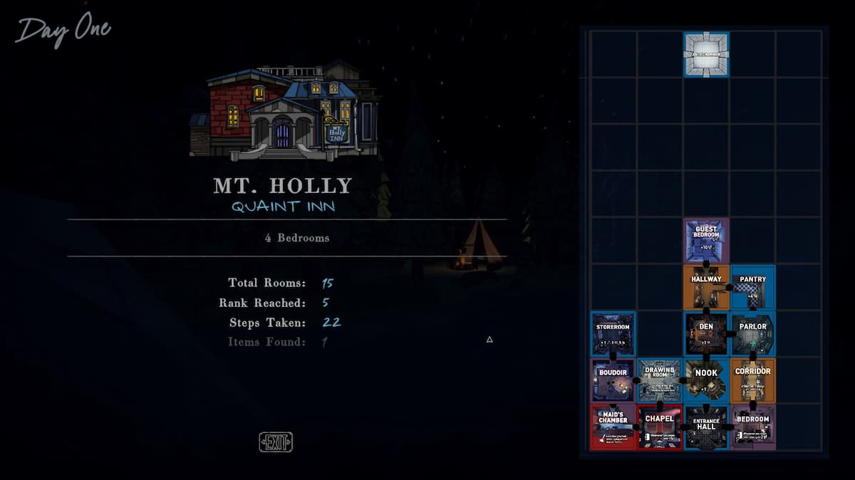 a blueprint map in blue prince showing drafted rooms in a grid and the antechamber at the top