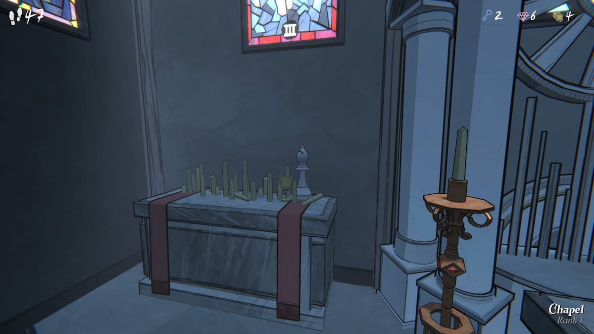 a bishop chess piece sitting on a marble slab in the chapel