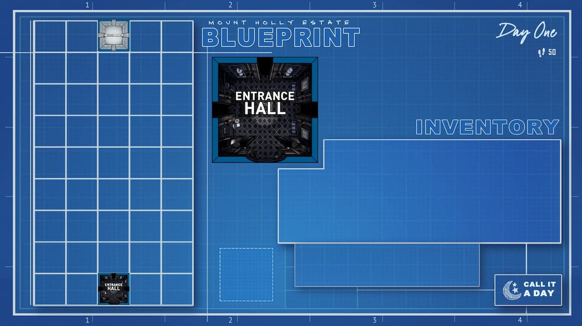 a blueprint of the house layout in blue prince, showing grids on the screen and drafted rooms