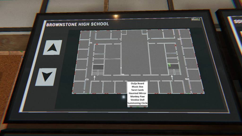 All seven cursed objects marked on a map of brownstone high school in phasmophobia. 