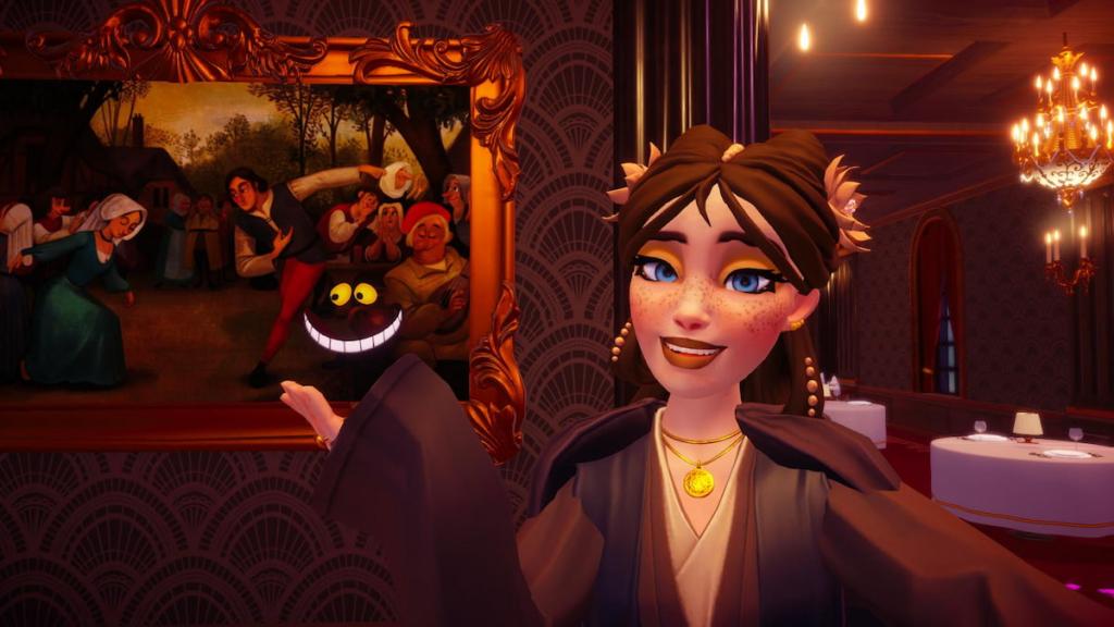Taking a picture with Cheshire Cat's smile on a painting in Disney Dreamlight Valley