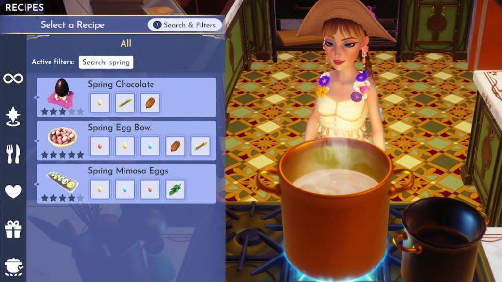 The three spring taste teste recipes about to be cooked including the Spring Chocolate, Spring Egg Bowl,  and Spring Mimosa Eggs in Disney Dreamlight Valley. 