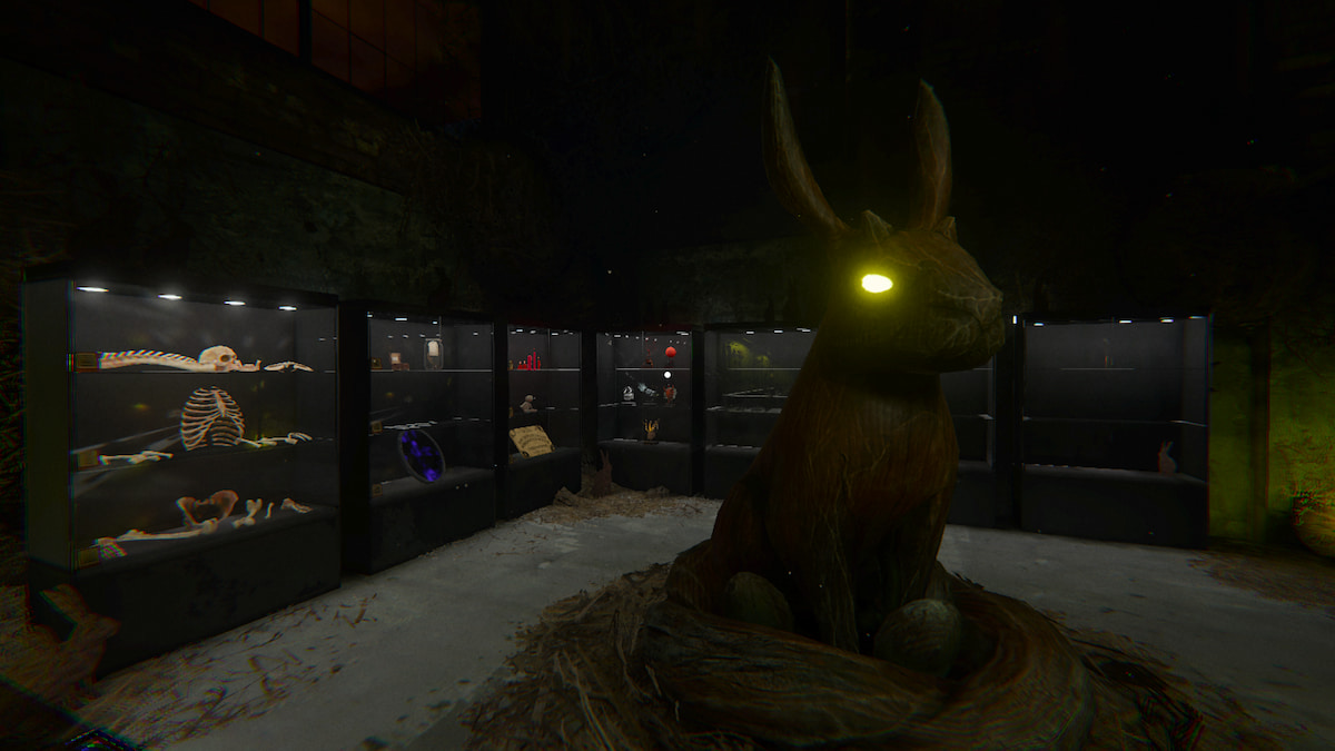 A massive jackalope statue with glowing eyes in the phasmsophobia lobby