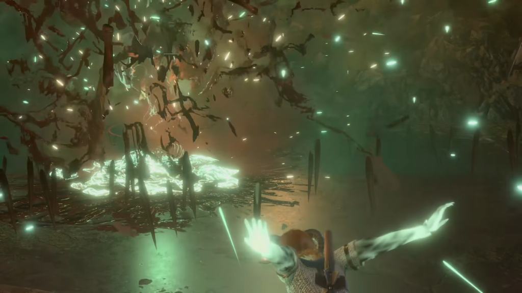 A death domain cleric using green necrotic damage to explode an enemy in bg3