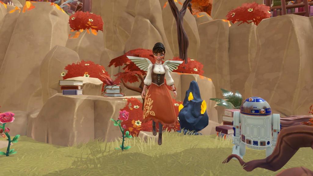 A character flying with book page wings by a rock node with a yellow Gem sticking out of it in Disney Dreamlight Valley