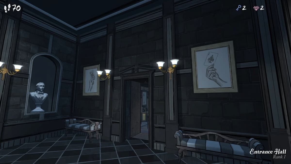 a grand looking room with two paintings on the walls depicting a hand holding a playing card