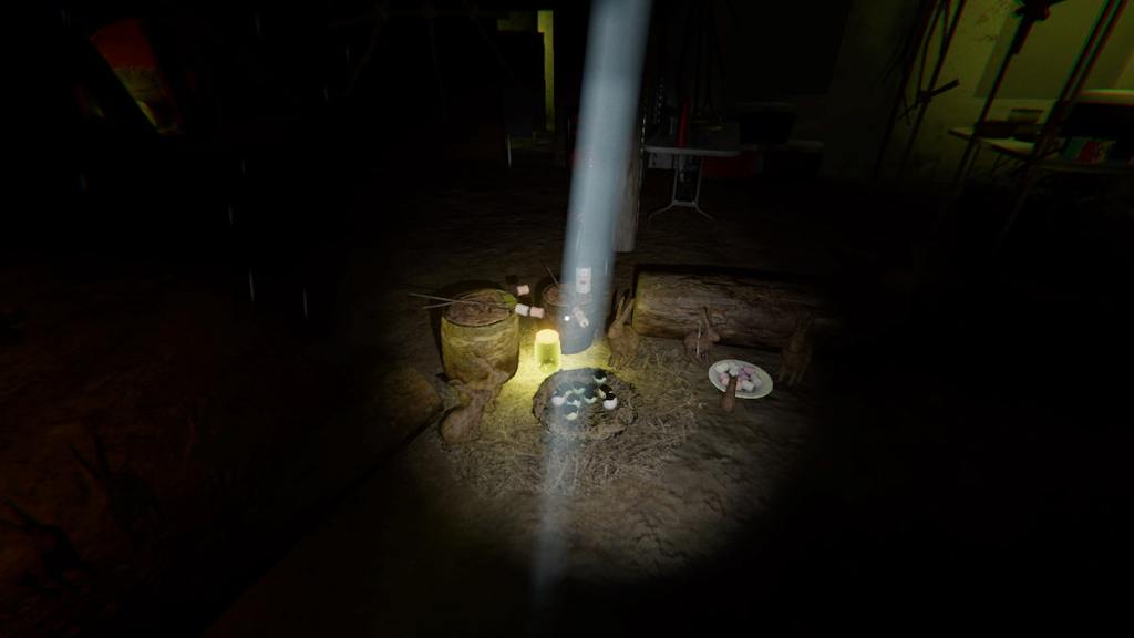 Forest Minion nest by fire at Camp Woodwind in Phasmophobia