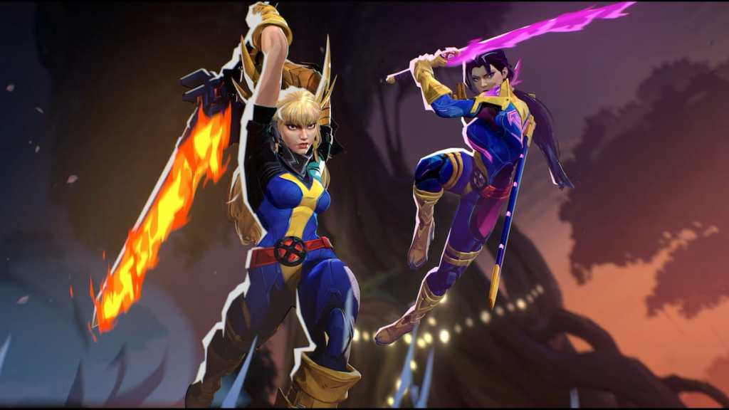 Psylocke and Magik in classic blue and yellow X-Men costumes