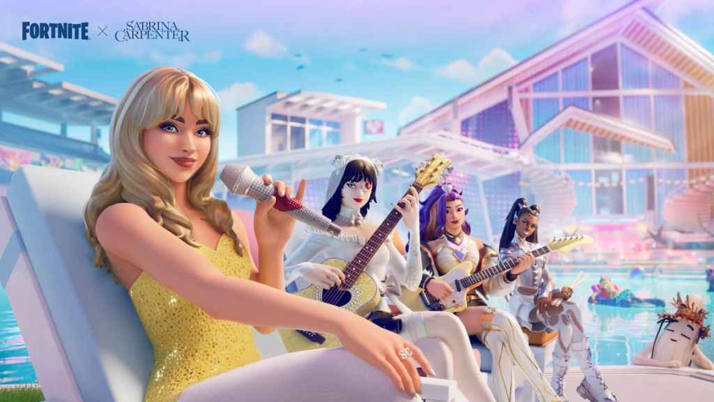 Sabrina Carpenter holding a sparkly microphone and sitting on a lawn chair in Fortnite