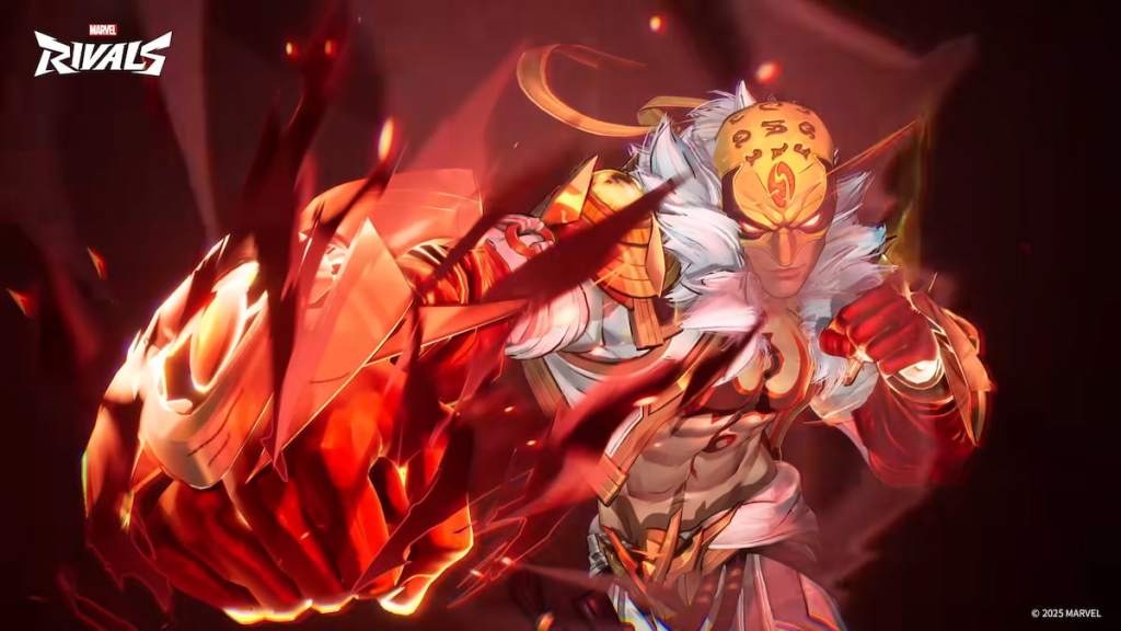 Iron Fist punching forward while wearing his hellfire gala outfit in marvel rivals