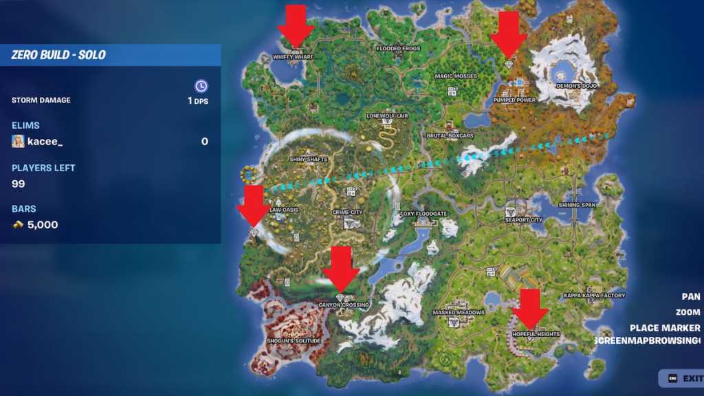 Five jewelry case locations marked on a map in fortnite