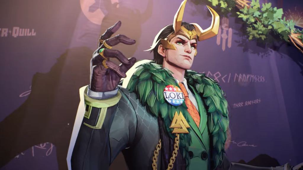 Loki holding up his hand and waving while wearing presidential attire at the hellfire gala in marvel rivals