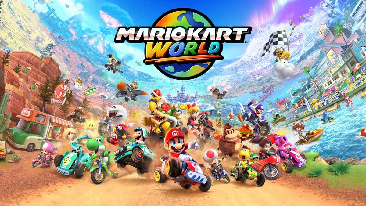 A bunch of Mario Kart World characters driving together under the game logo