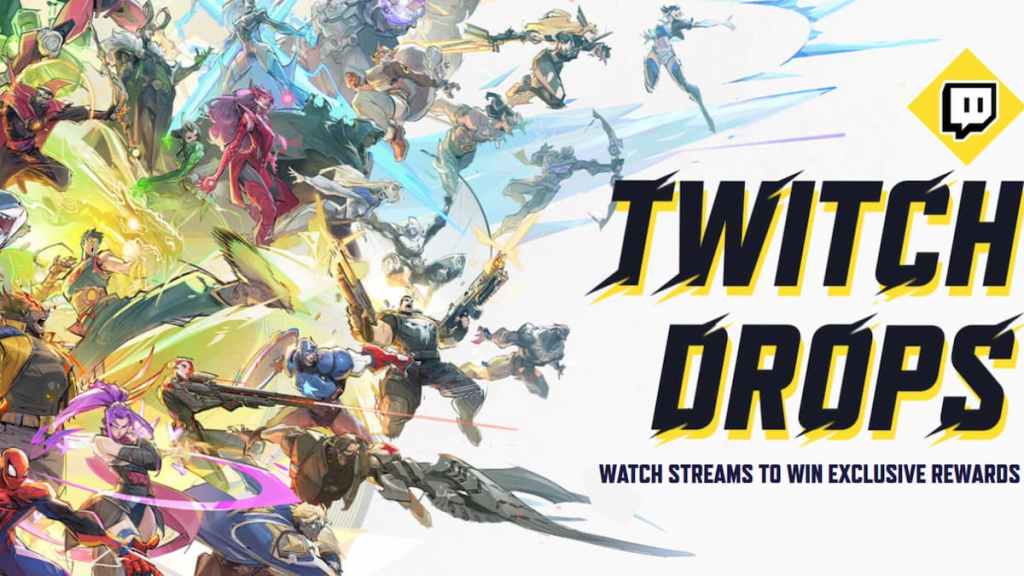 Heroes fighting by the Twitch Drops logo for marvel rivals