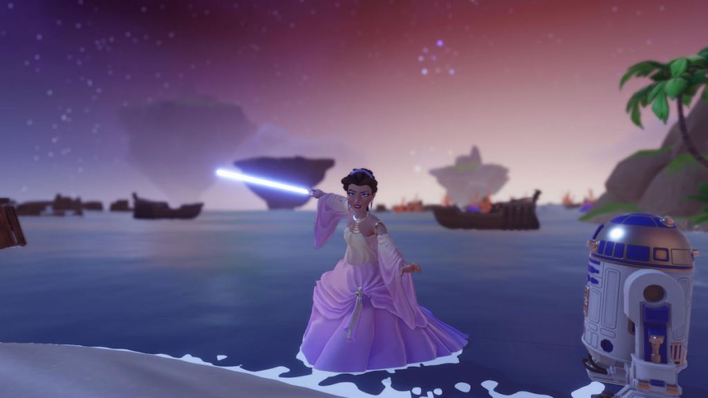 A character wielding a lightsaber while wearing padme's dress in ddv