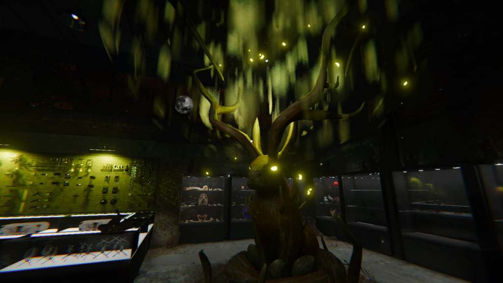 A massive jackalope statue with glowing horns in Phasmophobia