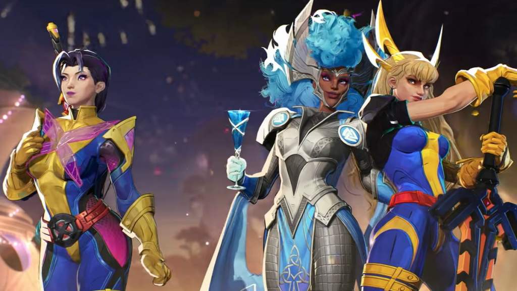 Storm, Magik, and Psylocke standing together at the Hellfire Gala in Marvel Rivals