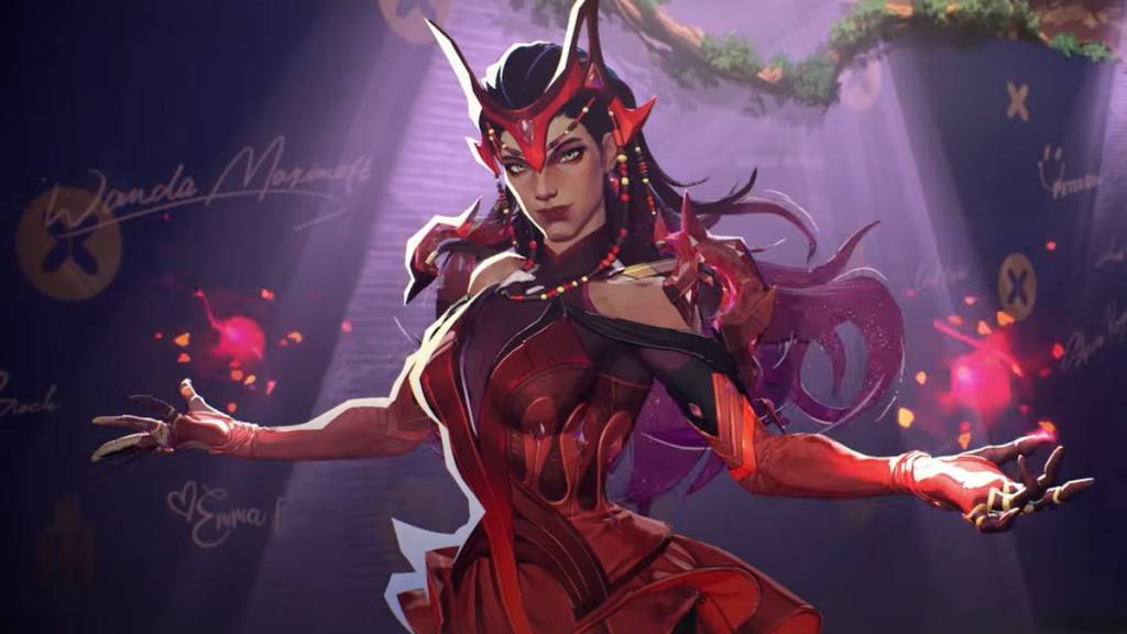 Scarlet Witch using her red magic and posing for the Hellfire Gala in Marvel Rivals.