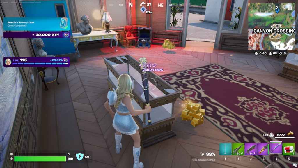 Sabrina Carpenter holding a bat and completing the search a jewelry case quest in fortnite