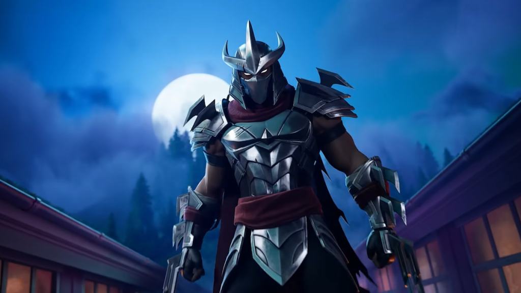 Shredder walking at night with a moon behind him in fortnite