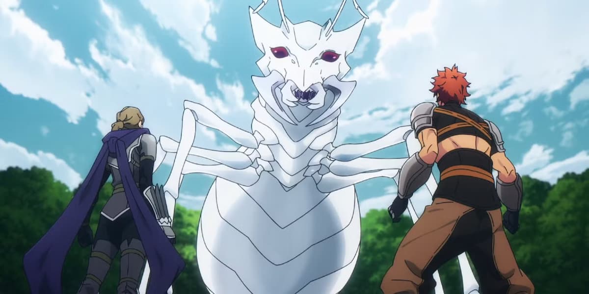 a giant white ant faces two anime characters