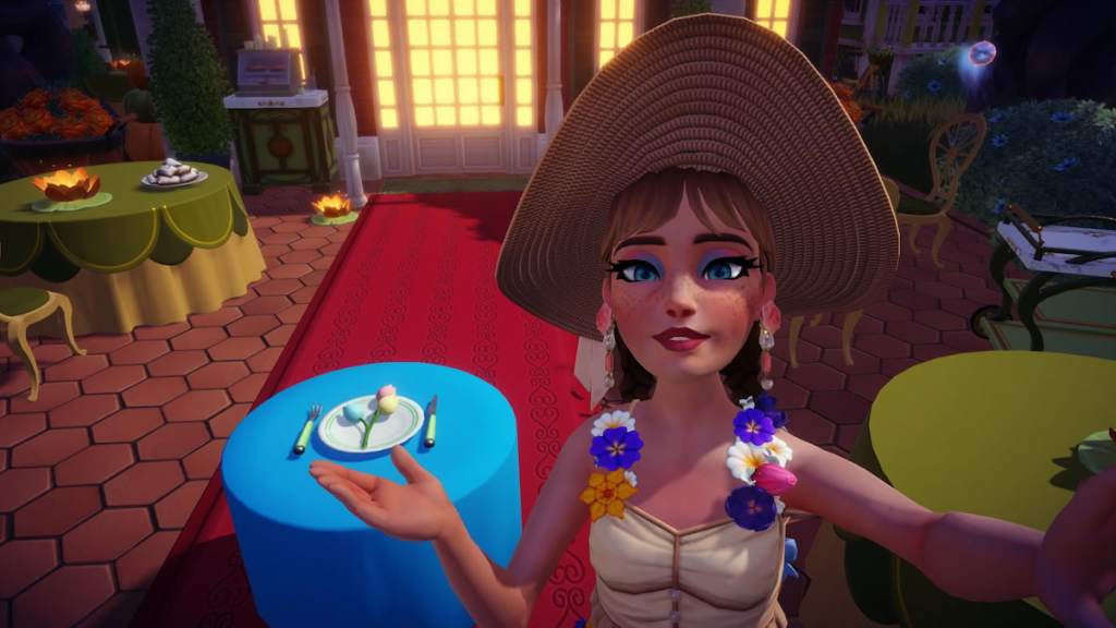 The Spring Tableware item on a blue table in Disney Dreamlight Valely. 
