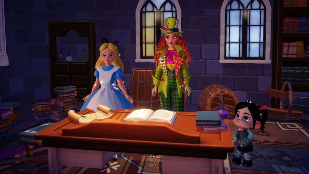 Standing by a book on a table with Alice and Vanellope in DDV