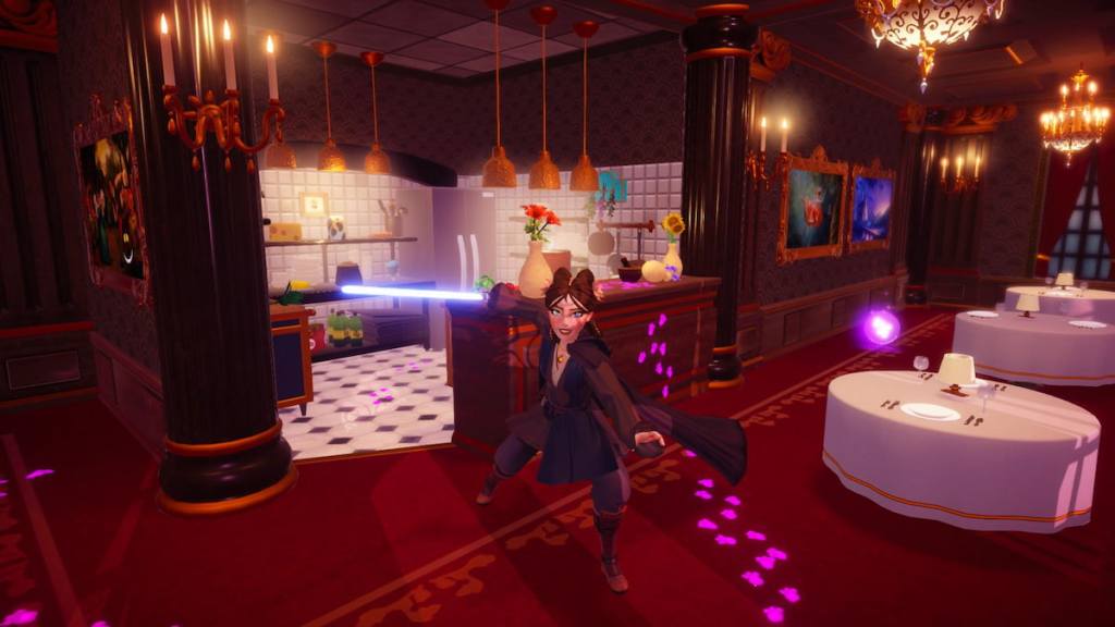 Holding a lightsaber in Chez Remy surrounded by messy pawprints in disney dreamlight valley