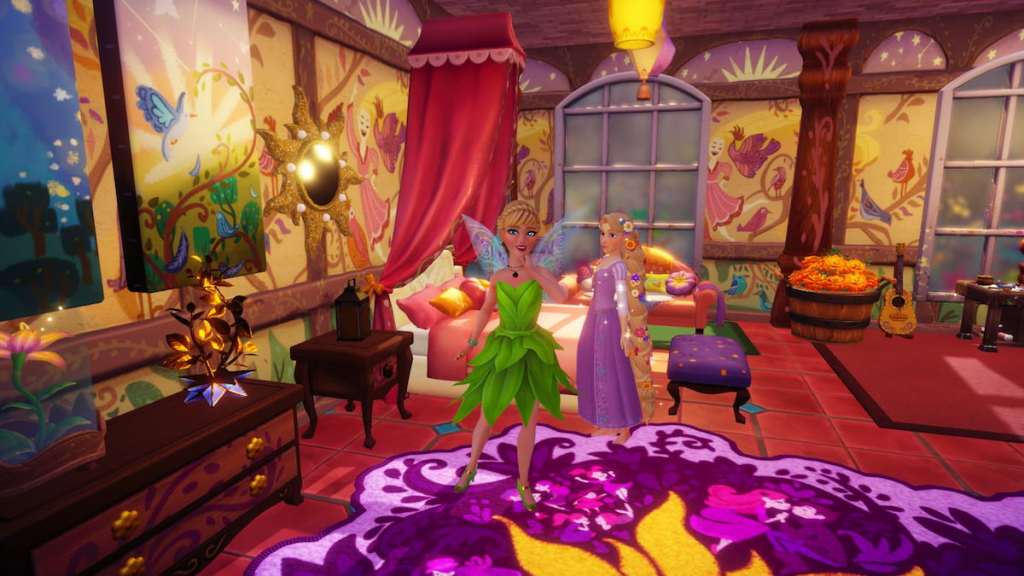 A player dressed as tinkerbell in a green dress standing next to rapunzel in her colorful house in disney dreamlight valley