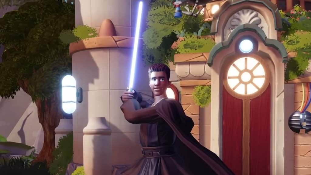 A DDV character wearing a jedi robe and holding a blue lightsaber from Star Wars