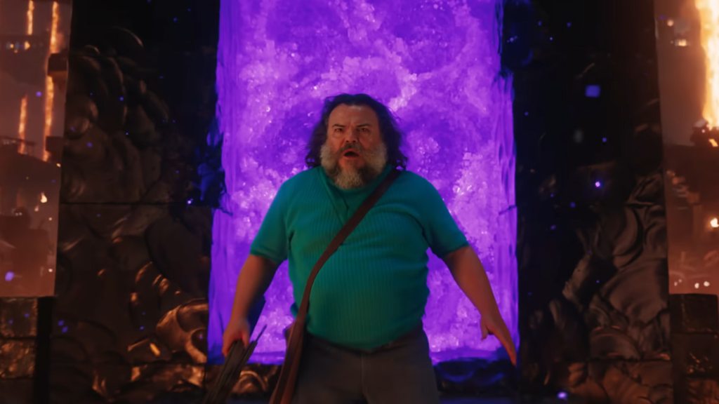 Steve standing in front of a swirling purple portal in A Minecraft Movie. 