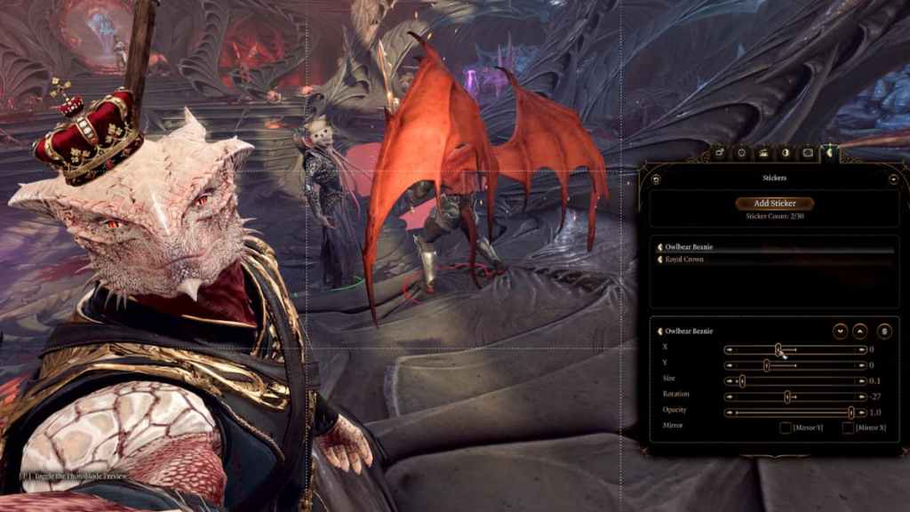 A Dragonborn character taking a selfie with a crown on in BG3