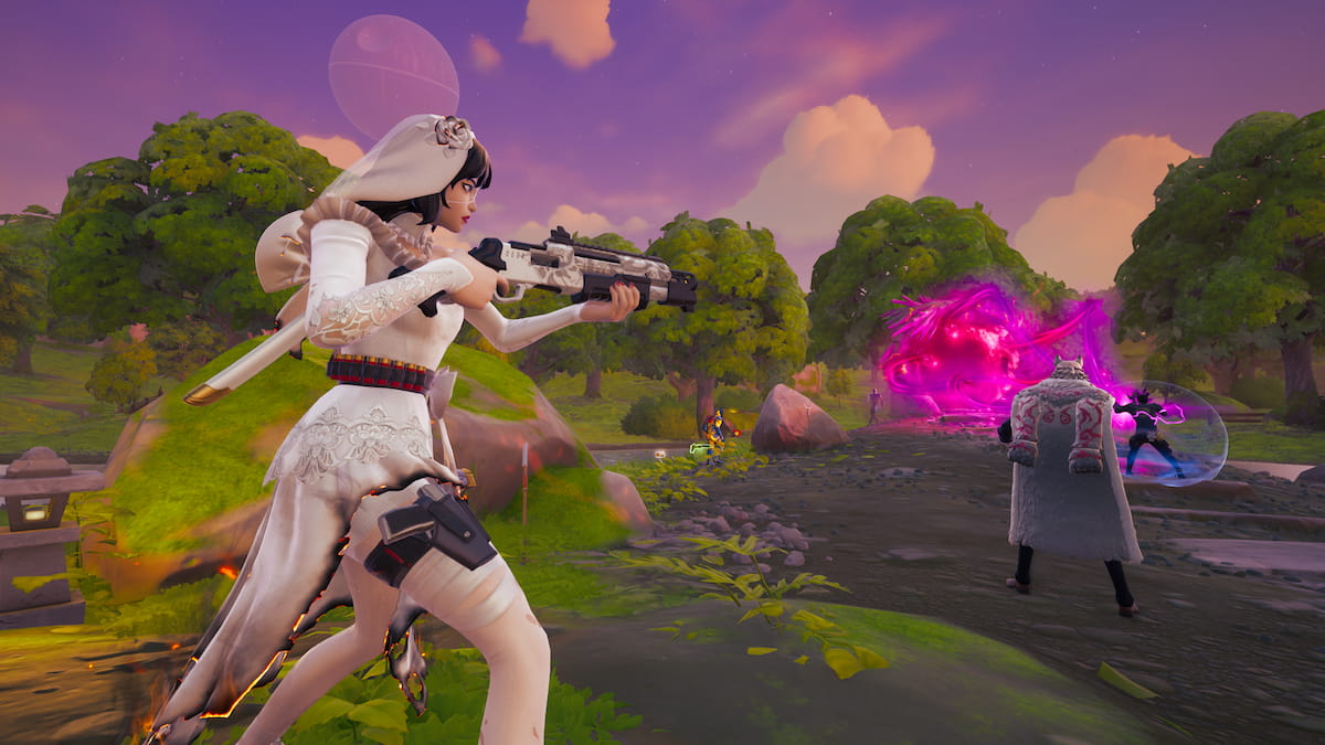 The Widow running towards the portal in The Baron's Big Deal quest in Fortnite