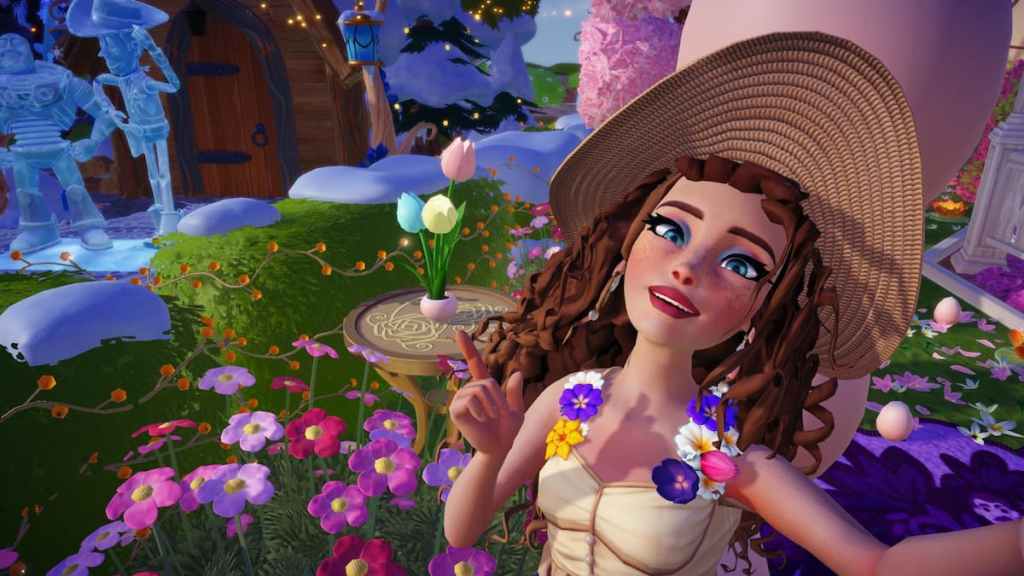 A character with long brown curly hear and a tan hatand flower dress pointing at a tulip lamp in disney dreamlight valley
