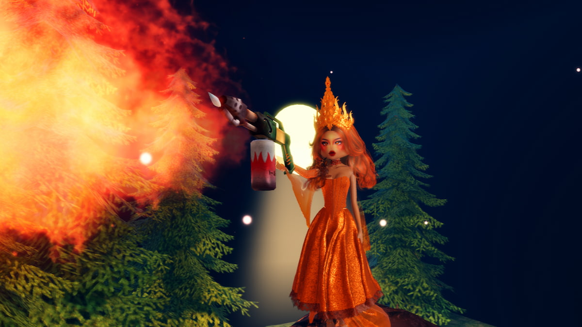 A player dressed in an orange gown using a Flamethrower in Dress to Impress.