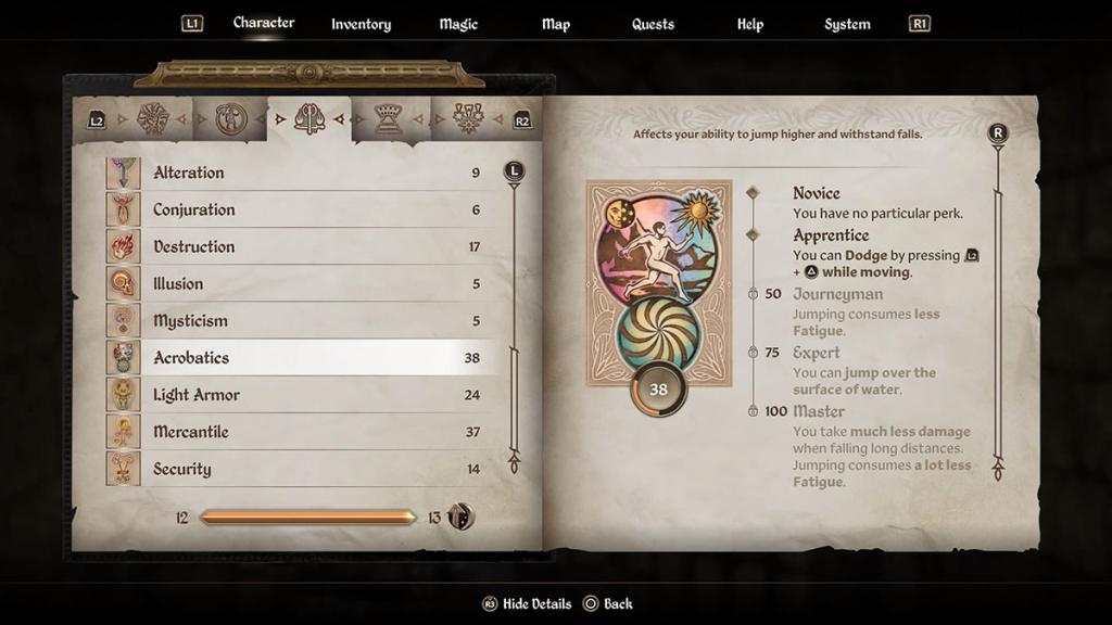 The  Acrobatics skill page in Oblivion Remastered.