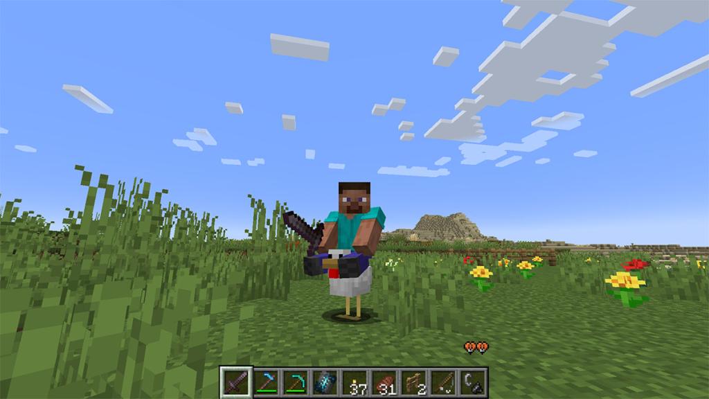 Steve rides a chicken in Minecraft. 